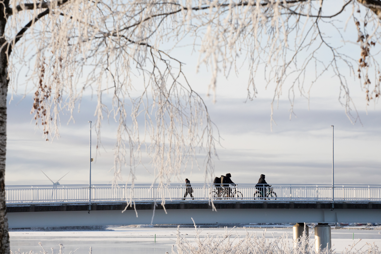 Pyöräilijöitä Pikisaaren sillalla talvella