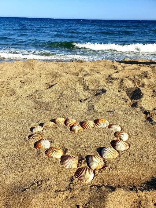 Simpukankuorista tehty sydän rantahiekassa.