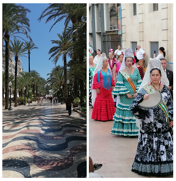 Palmupuiden reunustama katu ja perinteisiin espanjalaisiin asuihin pukeutuneita naisia kulkueessa.