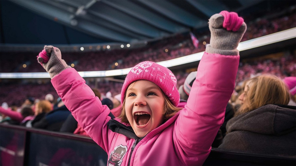An image produced by artificial intelligence of what the arena for events and experiences will look like in the future. In the picture, a little girl is cheering in the stands.
