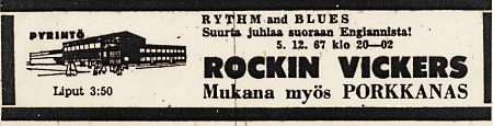 Kuva: Rockin' Vickersin ja Porkkanas Unlimitedin keikkailmoitus vuonna 1967.