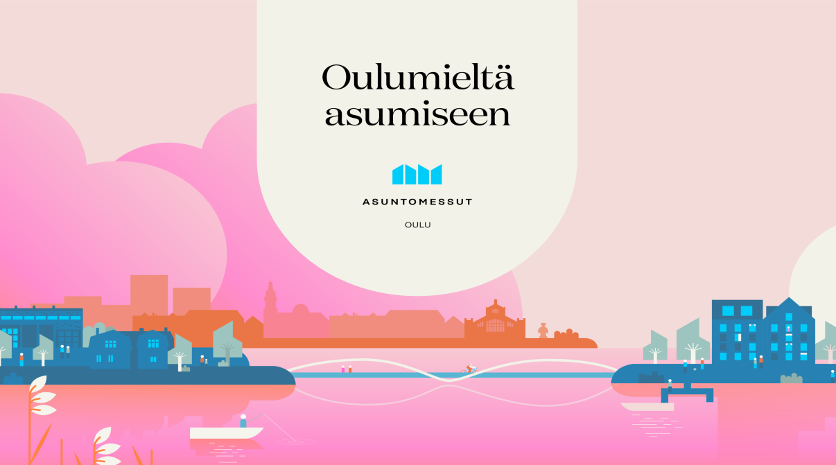 Piirroskuva Asuntomessualueesta. Sinisiä rakennuksia ja pinkki vesistä ja taivas. Keskellä valkoinen sillan kaari ja Oulun kaupungin silhuetti horisontissa oranssilla.