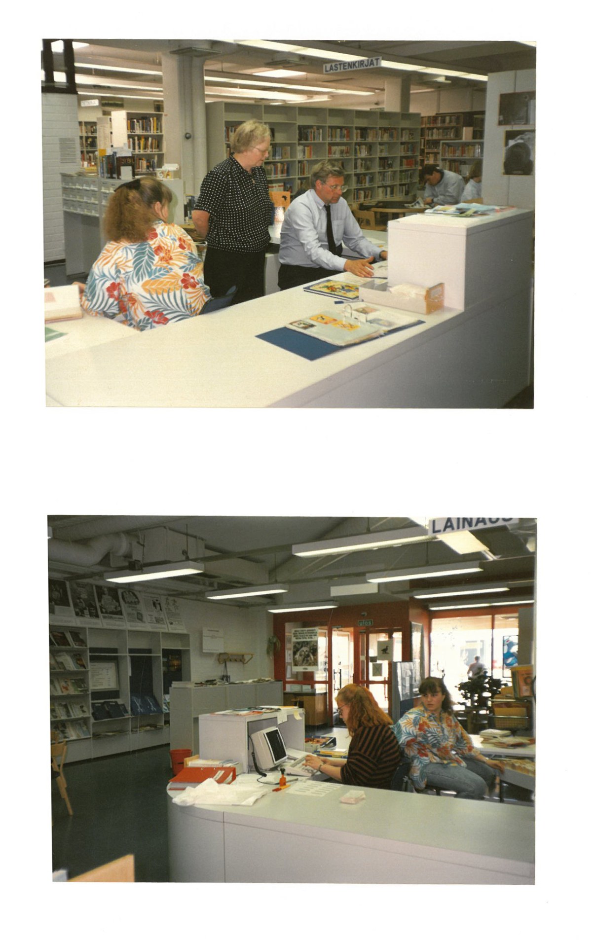 Kaksi kuvaa, joissa henkilöitä kirjaston tiskin takana vuonna 1989.