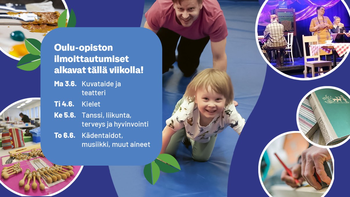 Kuvakooste erilaisilta kursseilta, pääkuvassa lapsi ja aikuinen Oulu-opiston liikuntakoulussa.