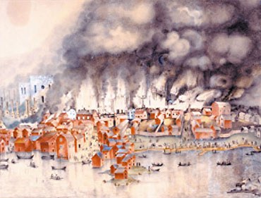Kuva: J. Wallinin akvarelli Oulun palosta.