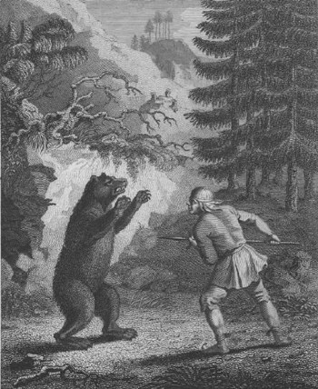 Piirroskuva, jossa metsästäjä hyökkää takajaloilleen nousseen karhun kimppuun seipään kanssa.