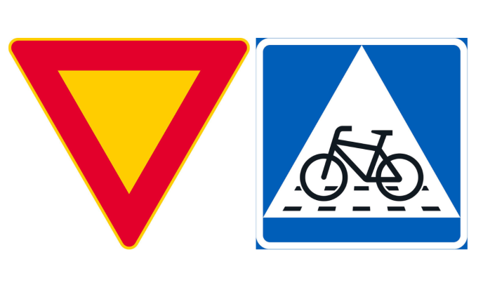 Liikennemerkit: kärkikolmio ja sinivalkoinen "väistämisvelvollisuus pyöräilijän tienylityspaikassa".