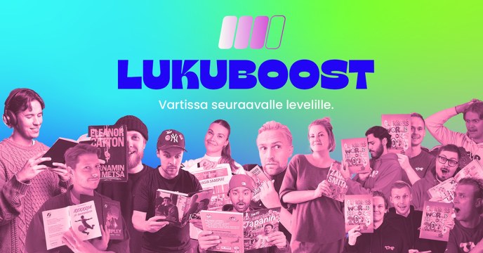 Lukuboost-kampanjan ryhmäkuva, jossa mukana kaikki vaikuttajat.